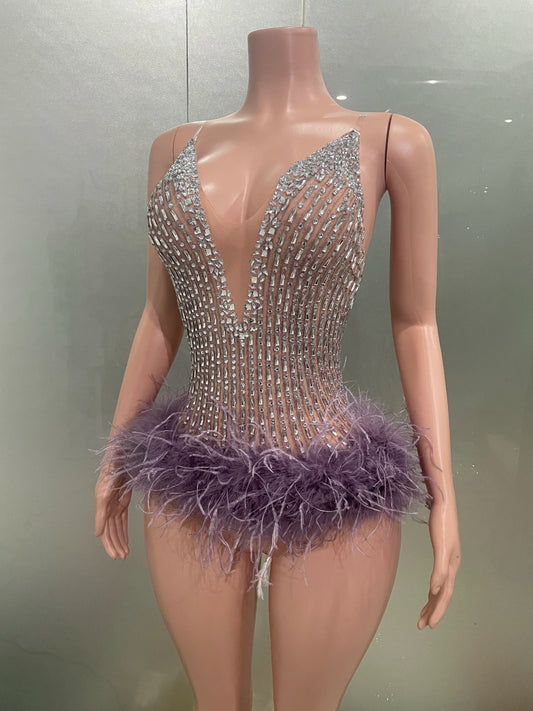 Body de malla sexy con plumas y brillantes de lujo para mujer, ideal para fiestas de cumpleaños, bailes de graduación, clubes y escenarios.