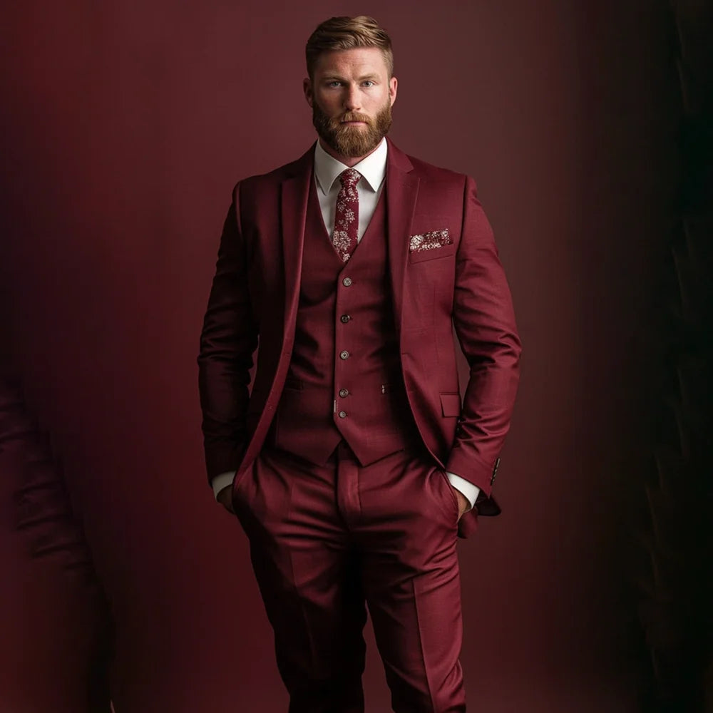 Costume homme bordeaux à revers crantés, simple boutonnage, slim, 3 pièces, style décontracté, pour le bureau, les mariages et les fêtes