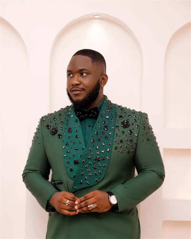 Green Men Suits Set 2 Pcs Crystals Blazer+Pant Trousers Wedding Tuxedos Cotton Formal Office Groom Prom Jacket Business Coat