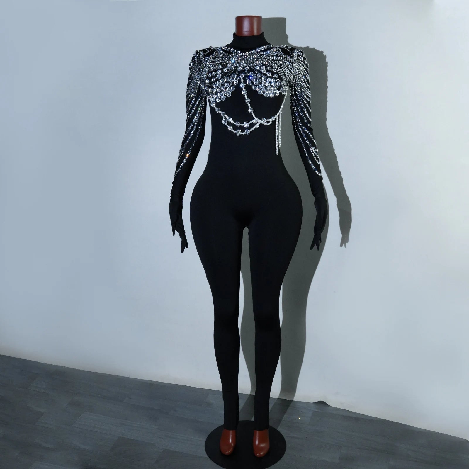 Super Sparkling Luxury Rhinestones Black Jumpsuit Singer Dancer Stage Performance Costume Nightclub Evening Party Drag Queen