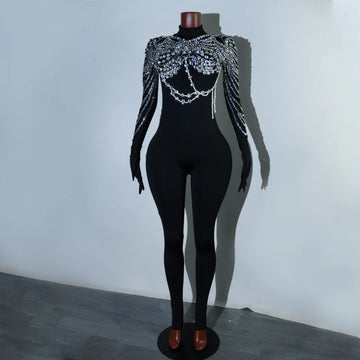Super Sparkling Luxury Rhinestones Black Jumpsuit Singer Dancer Stage Performance Costume Nightclub Evening Party Drag Queen