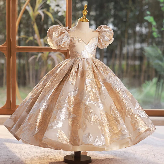 Luxury Bubble Sleeves Girls Dress Fashion Round Neck Princess Dresses Holiday Party Children's Vestidos Ball Gown for Girl