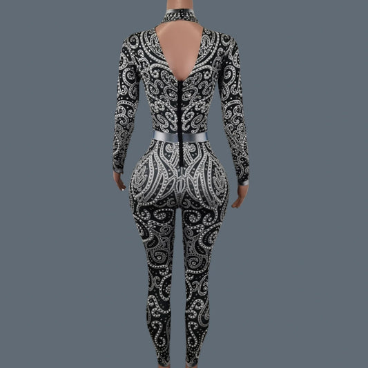 Fashion Sparkly Rhinestones Pearls Jumpsuit Women Stretchy Nightclub Party Singer Dancer Performance Costume Stage Wear