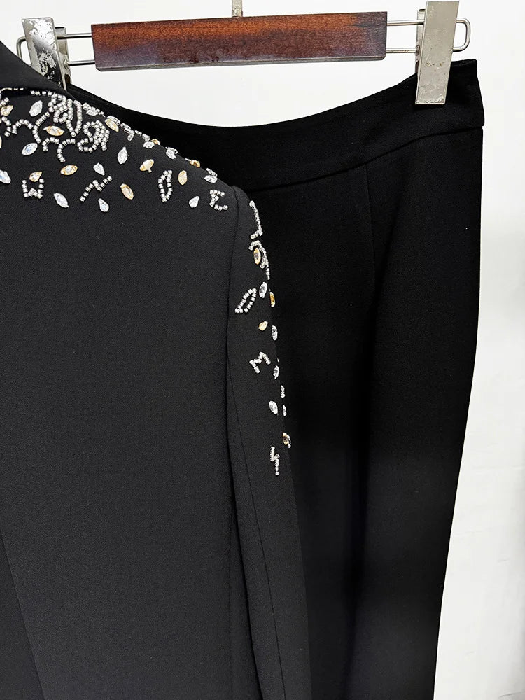 Designer Suit Women Beaded Diamonds  Shawl Collar Double Breasted Blazer Pants Set 2PC