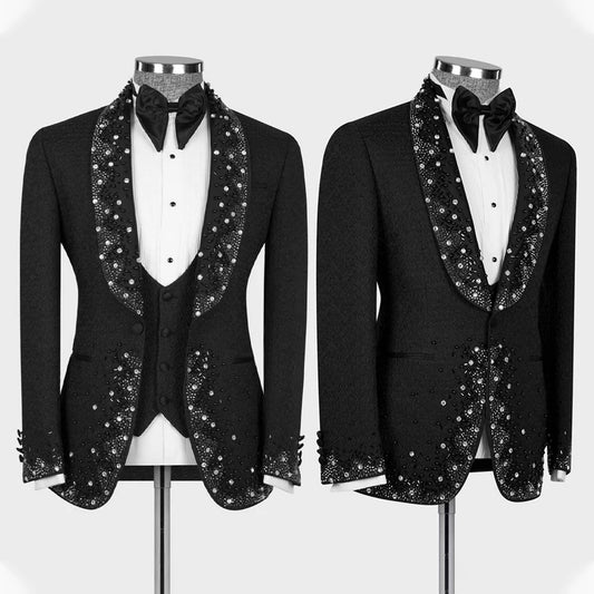 3 Piece Men Suits Slim Fit  Tuxedo Beaded Diamonds Customized Wedding Party Formal Occasion Groom Tailor-Made Plus Size