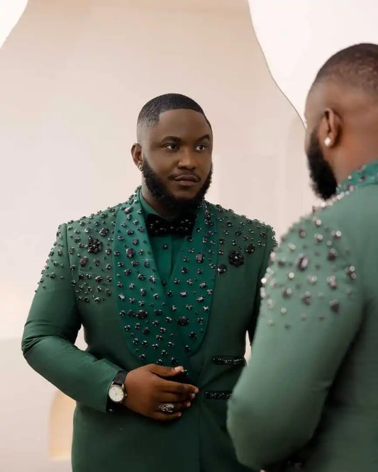 Luxurious Crystal Men Wedding Suits Shawl Lapel Tuxedos Groom Wear 2 Pcs Jacket with Pants Prom Evening Party Custom Made