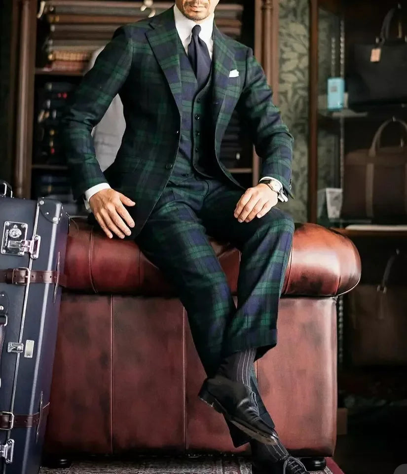 Plaid Classic Men Wedding Suits Notched Lapel Single Breasted Tuxedos Groom Party 3 Pcs Blazer Pants Vest Customized Made