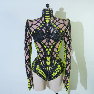 Sexy Stage Sparkly Rhinestones Bodysuit Green Dance Costume Party Bar Show Performance Drag Queen Outfit Cosplay Halloween Pole