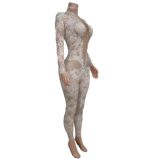 Sparkly Crystals See Through Mesh Printing Jumpsuit Nightclub Party Dance Outfit Tight Fitting Jumpsuit Sexy Women Wear