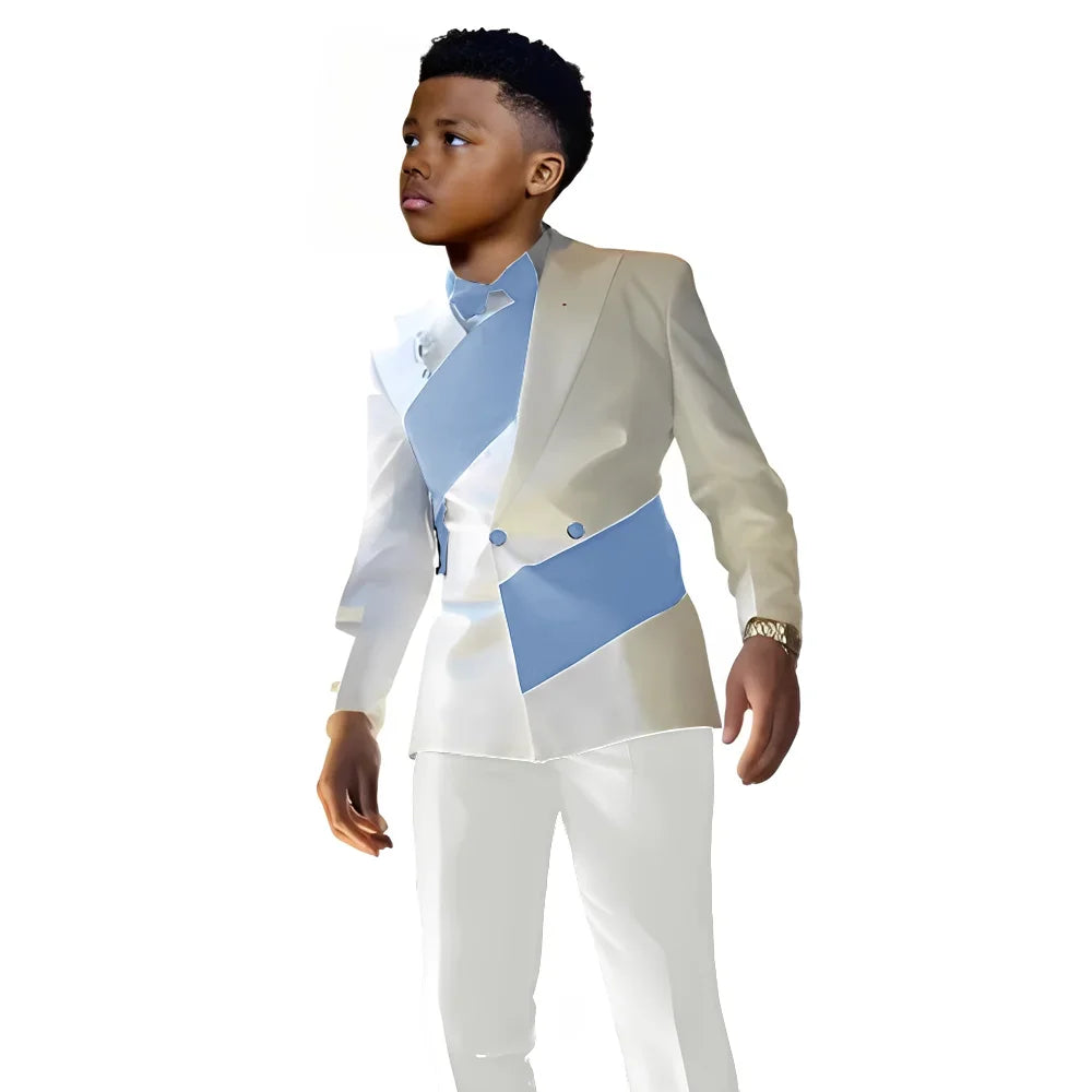 Satin Boys Suit 2 Pieces Set Double Breasted White Jacket with Pants Wedding Tuxedo Kids for 2-16 Years Old Boy Slim Fit Suit