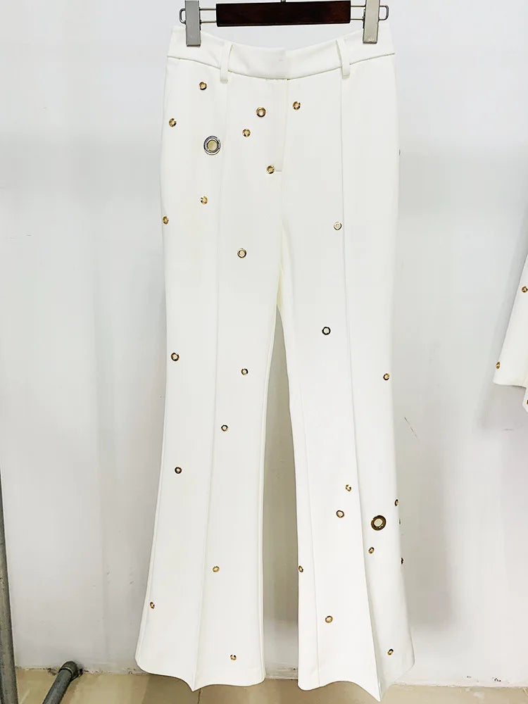 Runway Pantsuits for Women Designer Fashion White Suit Set Wedding Single Button Rivet Eyelet Lapel Blazer Pants Set 2pcs