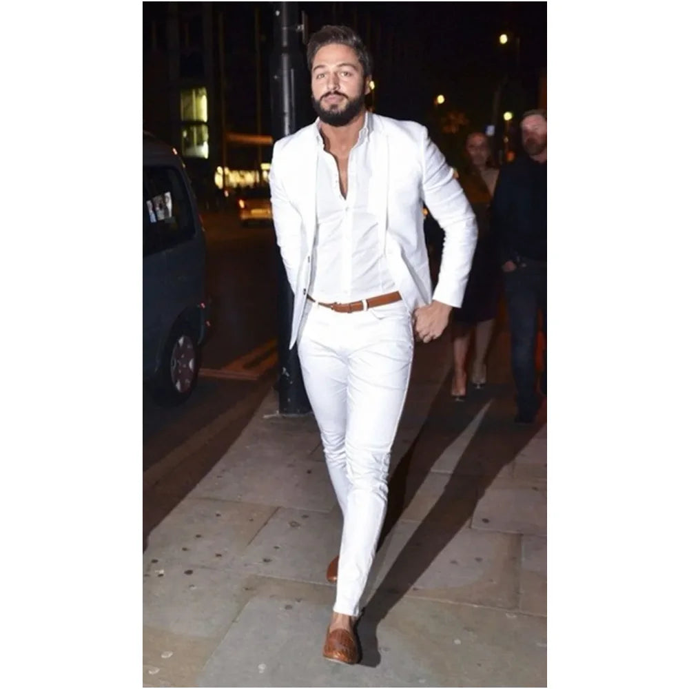 Street Fashion White Men Suits Casual Terno Slim Fit 2 Pieces Tuxedo Custom Blazer Office Men Work Wear Suit (Jacket+Pants)