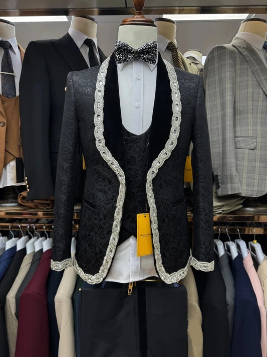 Elegant Men Suits Tailor-Made 3 Pieces Shawl Lapel Jacket Beading Blazer Jacquard One Button Groom Customized Coat Vest Pants