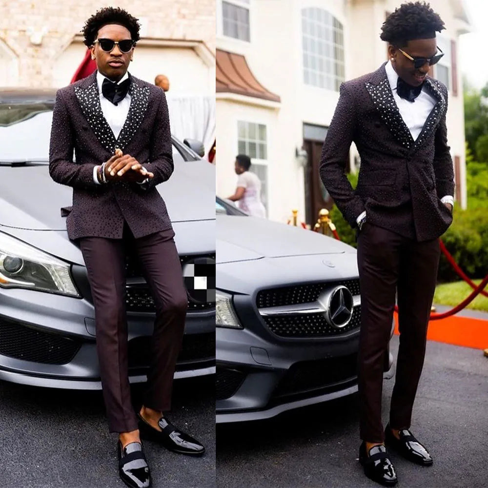 Unique Tailor-Made Men Suits 2 Pieces Set Beading Peaked Lapel Jacket Blazer Double Breasted Groom Customized Coat Pants