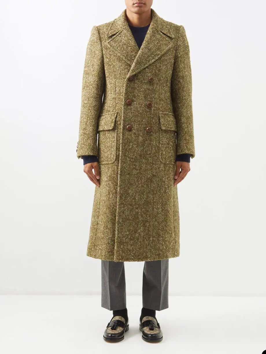 Classic Long Coat For Men Double Breasted Peak Lapel Herringbone Jacket Business Office Warm Blazer Custom Made Only Overcoat