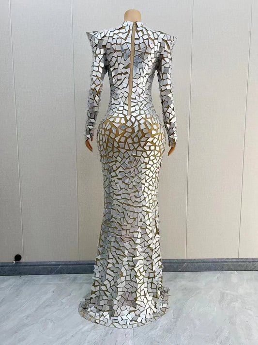 Sexy Stage Sparkly Silver Mirrors Luxury Celebrate Glisten Dress Singer Stage Show Performance Photoshoot Dress
