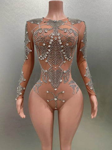 Women Rhinestone Mesh Dress Long Sleeve O Neck Bodysuit Evening Club Party Nightwears High Elastic Stage Costumes Dropshipping
