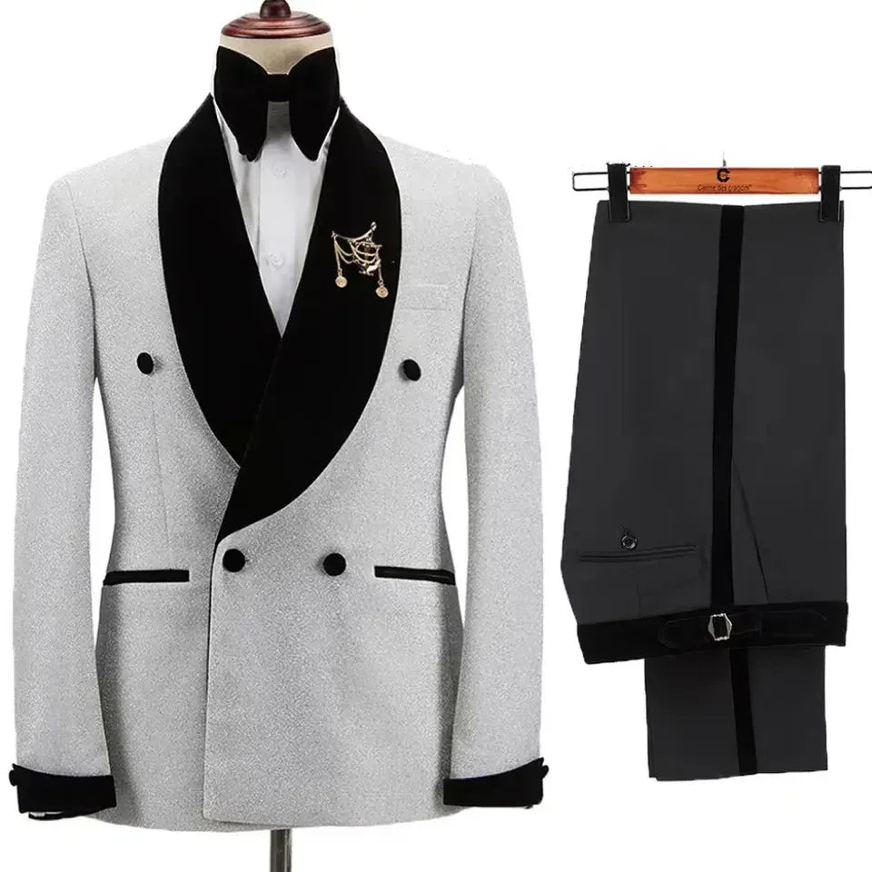 Men Suits 2 Pieces Shining Jacket with Black Pants Set Velvet Shawl Collar Wedding Groom Tuxedos Double Breasted Dress Costumes