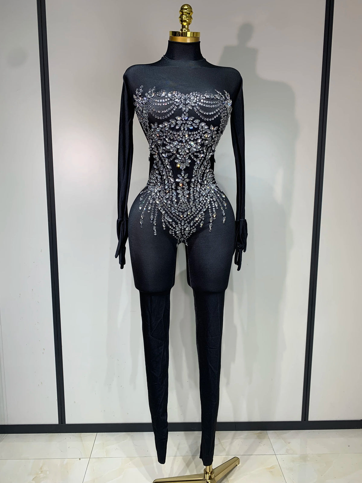 Women Sexy Nightclub Evening Party Drag Queen Singer Dancer Stage Performance Costume Luxury Rhinestone Stretch Jumpsuit