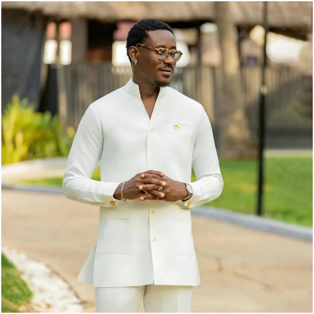 Elegant White Men Suits Single Breasted Stand Lapel Casual Formal Wedding Groom Prom Custom Male Clothing 2 Pieces Jacket Pants