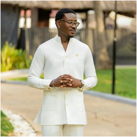 Elegant White Men Suits Single Breasted Stand Lapel Casual Formal Wedding Groom Prom Custom Male Clothing 2 Pieces Jacket Pants