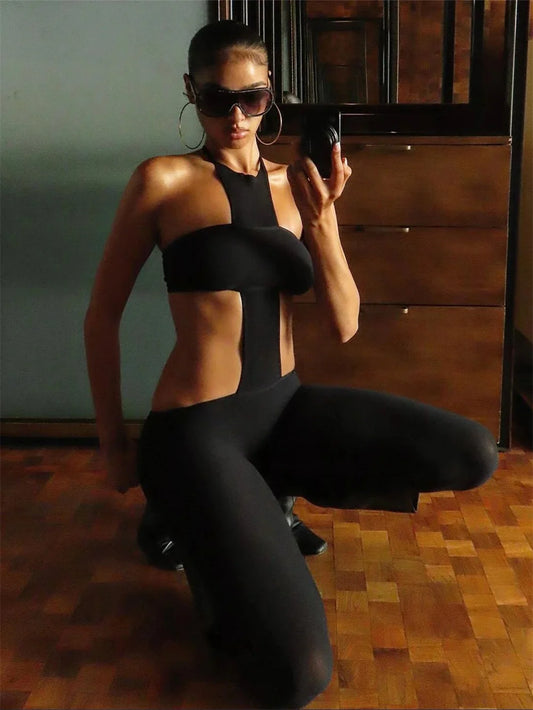 Sexy Backless 2 Piece Set Women Stretch Tube Top+Skinny Halter Jumpsuit Fitness Street Matching Party Club Overalls