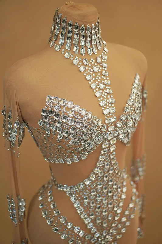 Fashion Celebrity Superstar Performance Costume Stage Wear Women Long Sleeve Sparkly Crystal Mesh Bodycon Jumpsuit