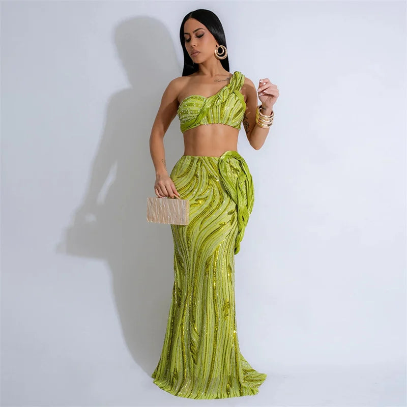 Conjuntos de dos piezas sexis ajustados con lentejuelas para fiesta, top corto sin mangas de un hombro, falda larga de cintura alta, trajes para discoteca 
