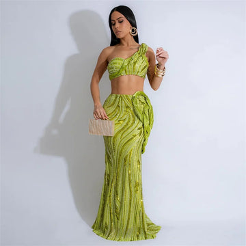 Conjuntos de dos piezas sexis ajustados con lentejuelas para fiesta, top corto sin mangas de un hombro, falda larga de cintura alta, trajes para discoteca 