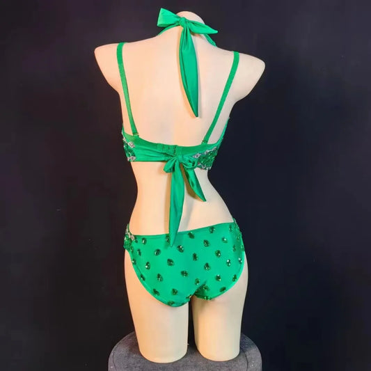 Women Stage Rhinestone Crystals Bodysuits Costumes Sexy Green Bra Short Clothing Set Female Singer DJ DS Dance Stage Wear