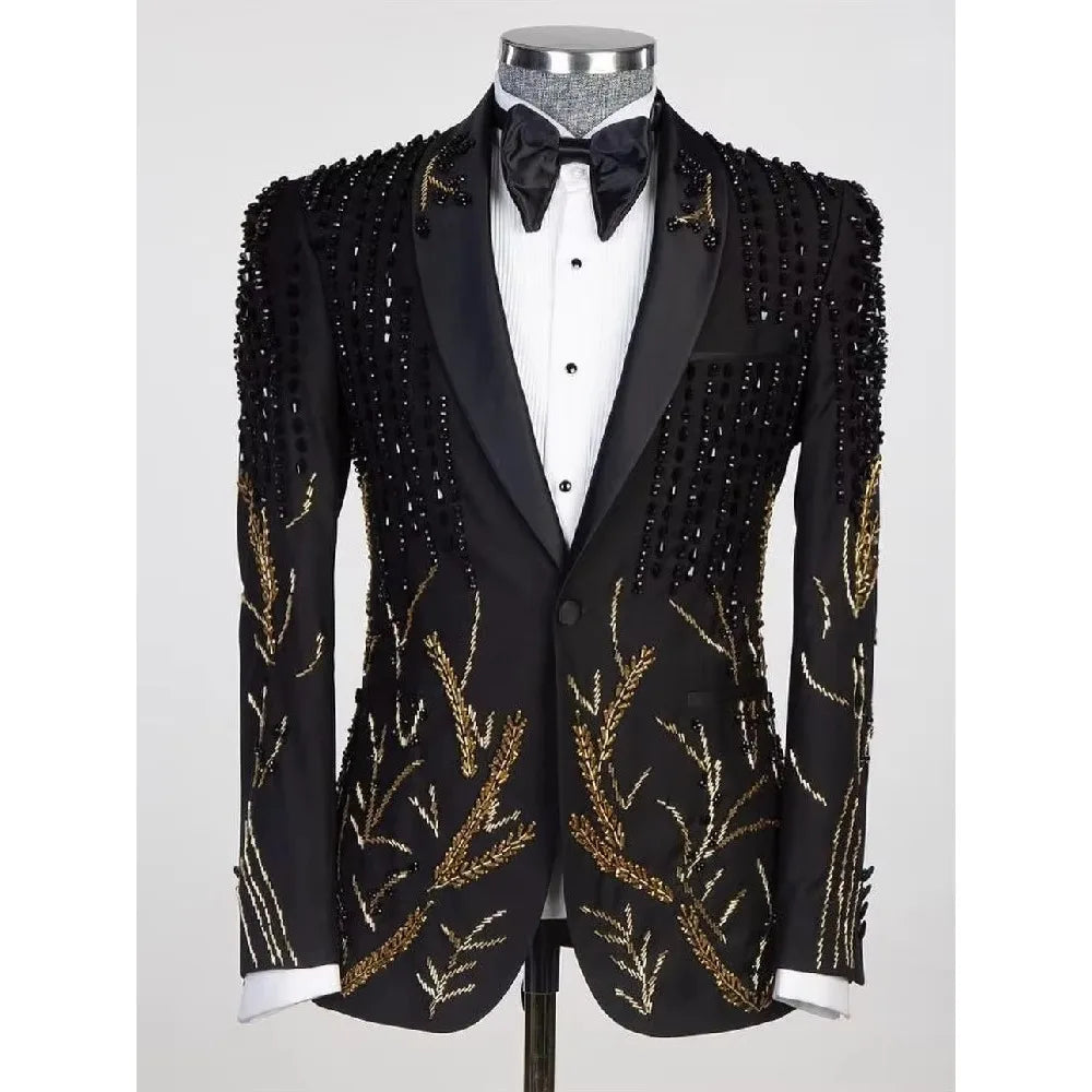 Tailor-Made Men's Suits Customized 2 Pieces Blazer Pants One Button Sheer Satin Lapel Appliques Beads Diamonds Plus Size Formal