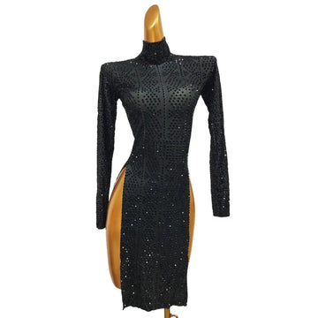 Sexy Rhinestone High Split Short Dress Singer Stage Performance Dance Costume Bar Nightclub Gogo Dancer Party Club Crystal Dress