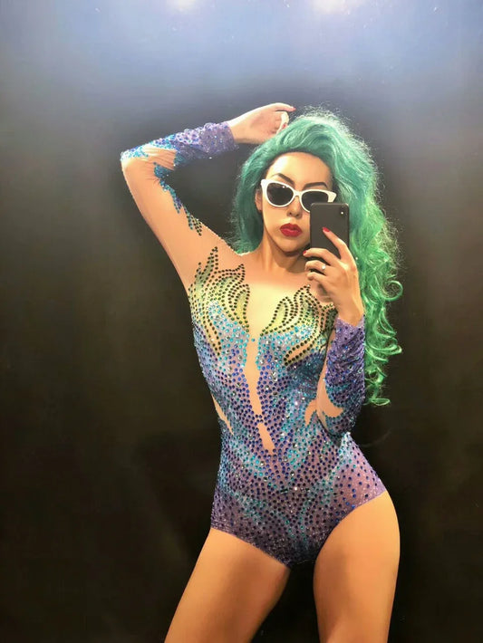 Sexy Stage Women Net Yarn Bodysuit Full Colors Sparkly Rhinestones Jumpsuit Celebrate Nightclub Party Singer Dancer Stage Wear