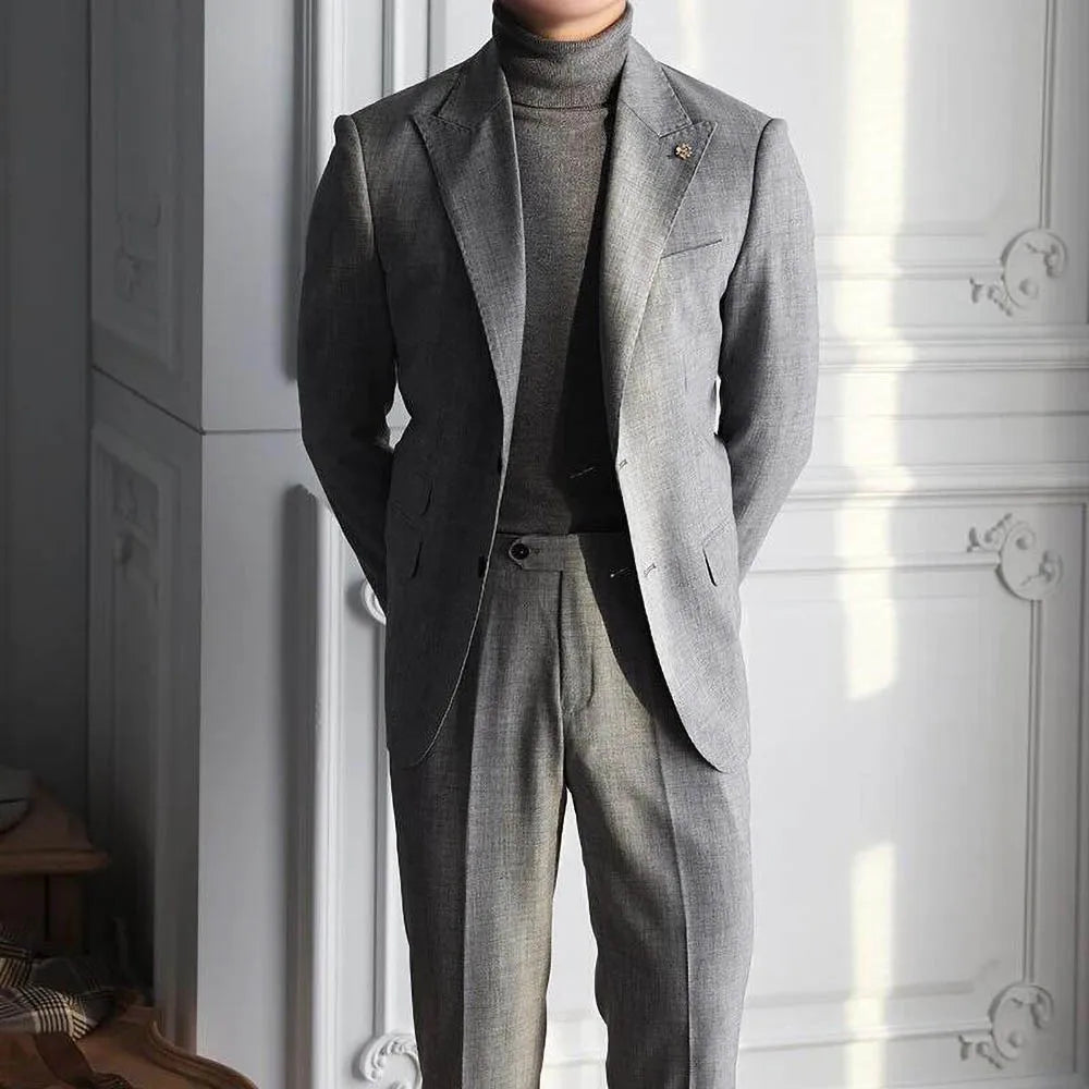 Trajes de hombre gris con solapa de pico, blazer de un solo pecho, esmoquin de boda informal elegante, traje masculino personalizado, corte entallado, 2 piezas