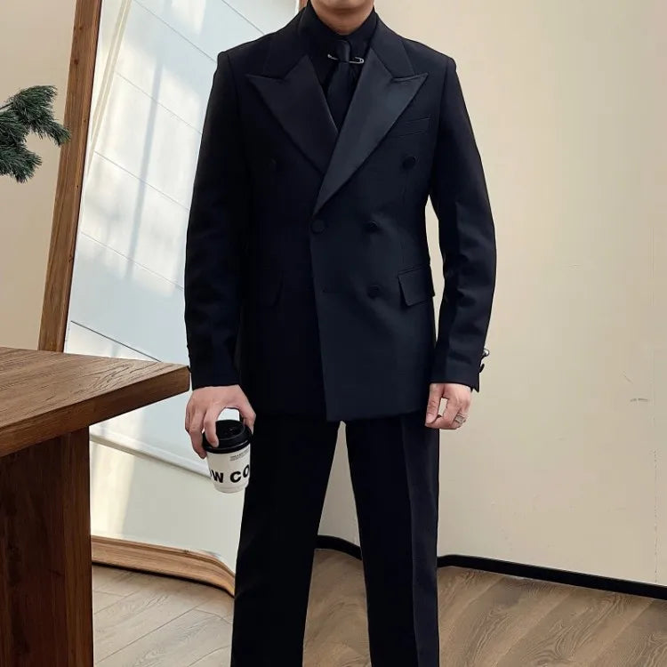 British Style Men Double Breasted Spliced Collar Business Work Formal Suit Set Blazer Jacket Pants Two Piece Wedding Dress Suits