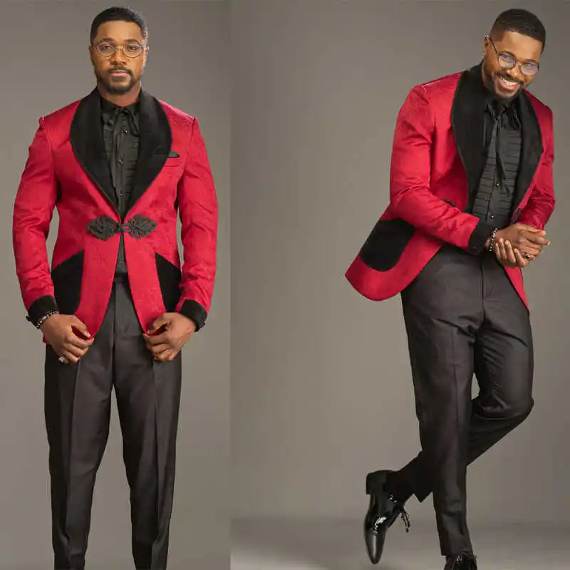 Elegant Jacquard Men Suit 2 Pieces Blazer Pants Shawl Lapel One Button Special Occasion Wedding Groom Tuxedo Customized