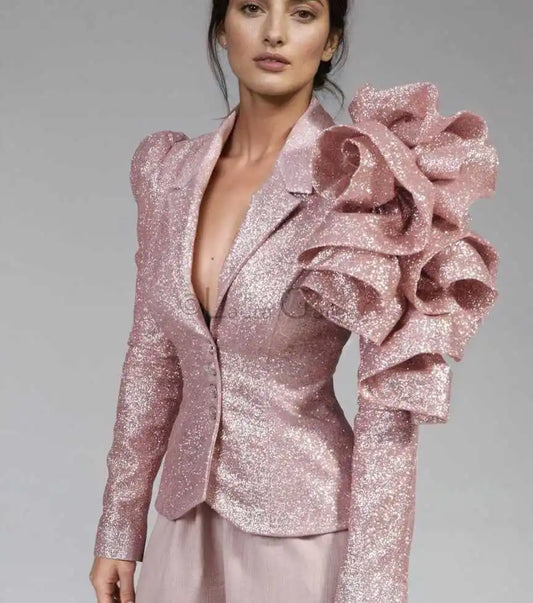 Bling Pink Women Blazer Dress Tiered Ruffles Long Sleeve Party Gown Custom Made Street Power Formal Wear One Piece