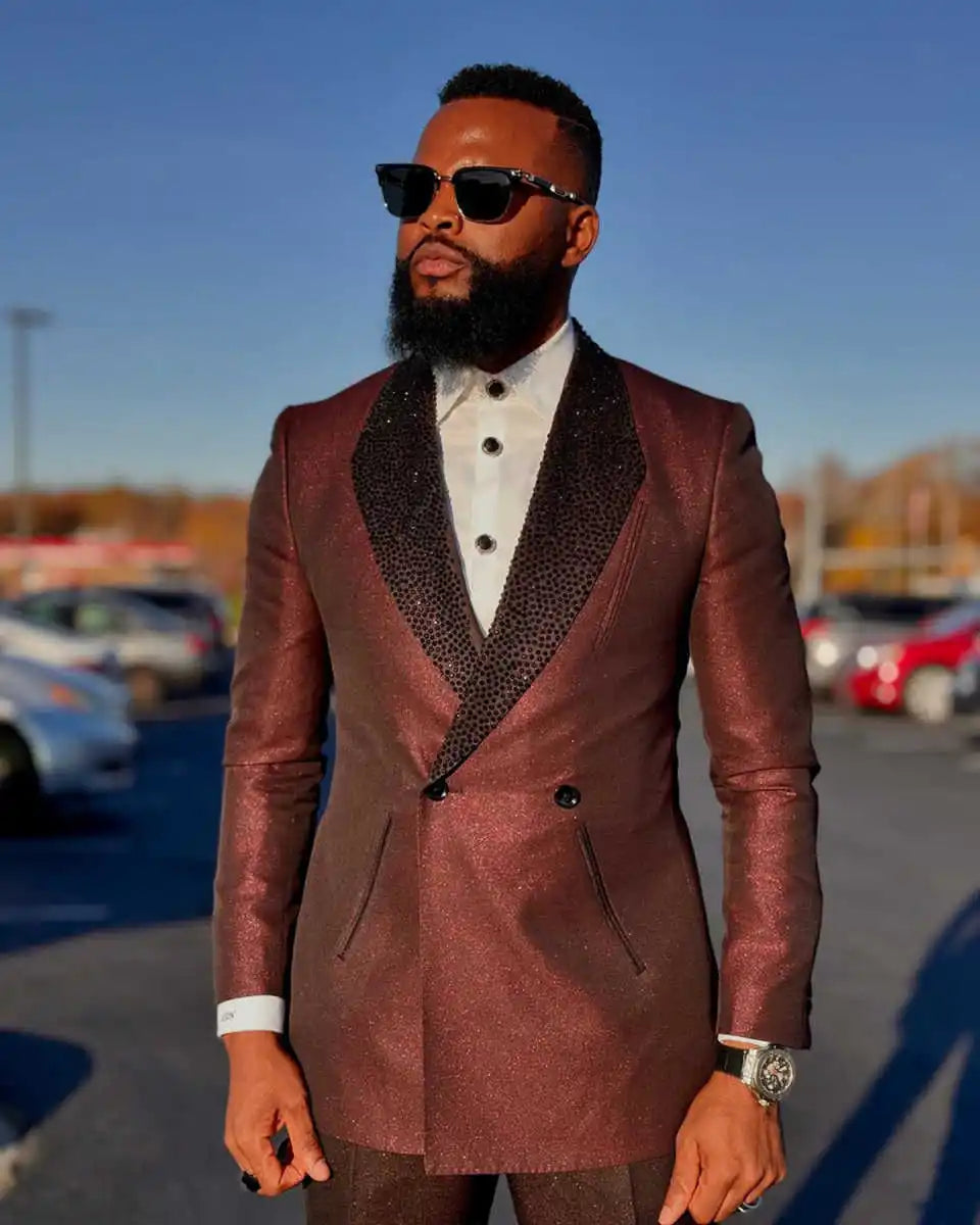 Unique Wedding Tuxedos Beaded Sequins Double Breasted Men Suits Shawl Lapel 2 Piece Set Jacket Pants Groom Blazers Customized