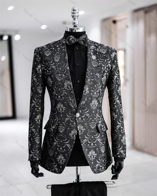 Luxury Jacquard Men Suit Set 2 Piece Blazer+Pants Trousers Black Customized Formal Office Jacket Groom Wedding Tuxedos Prom Coat