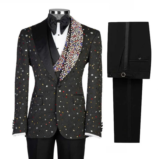 Customized Luxury Crystals Men Suits 3 Pieces Sets Diamond Male Party Prom Blazer Ropa Hombre Handsome Slim Groom Tuxedos