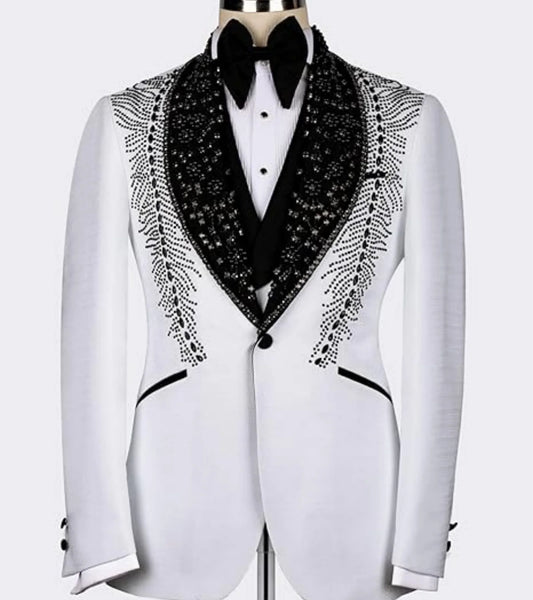 Elegant Men Suits Slim Fit Rhinestone Shawl Lapel Customized Groom Wedding Tuxedos 3 Pieces Sets Male Blazers