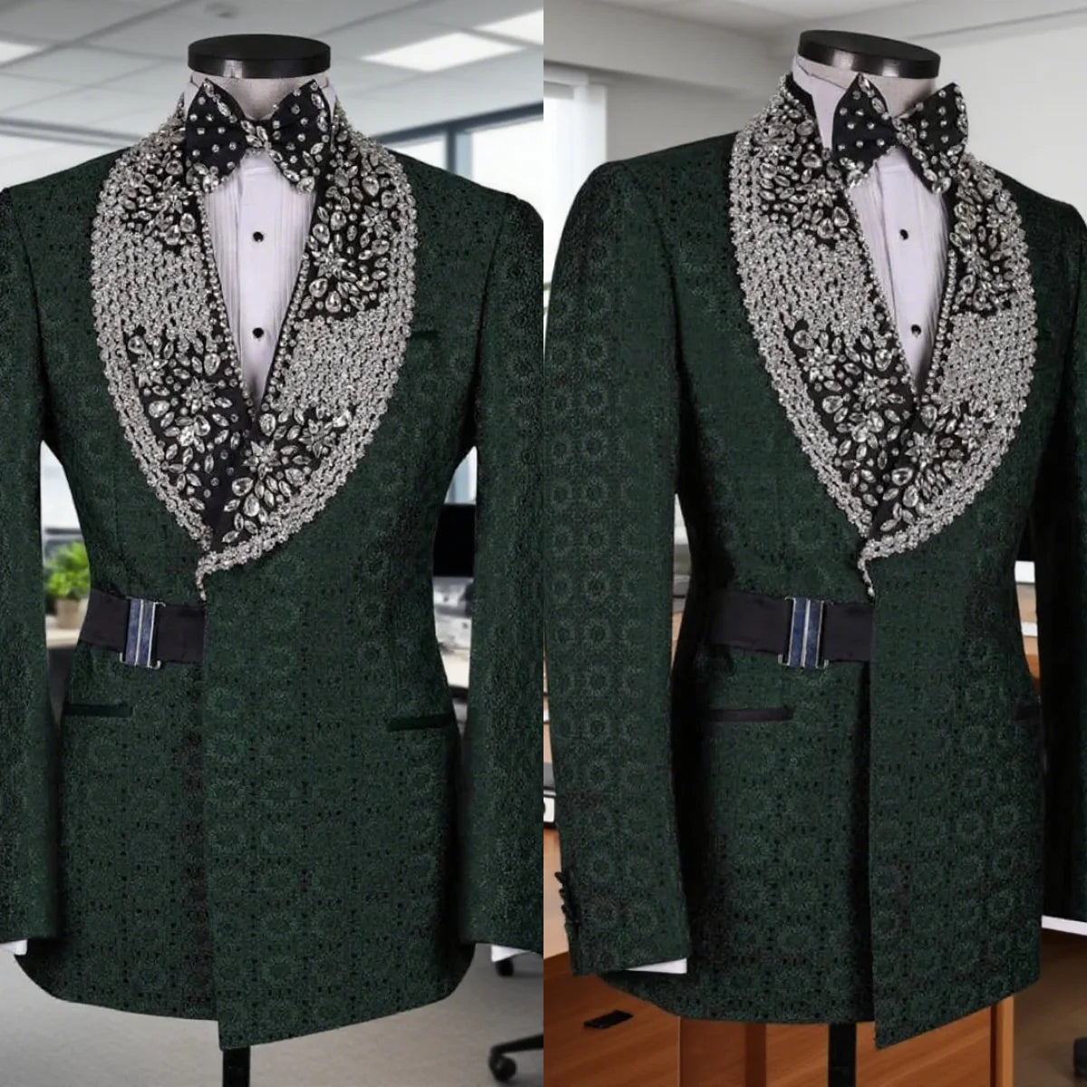 Luxurious Crystal Men Suits for Wedding Shawl Collar Belt Tuxedos Groom Party 2 Pcs Blazer Pants Customized Suit