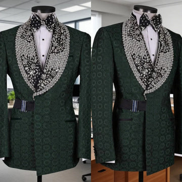 Luxurious Crystal Men Suits for Wedding Shawl Collar Belt Tuxedos Groom Party 2 Pcs Blazer Pants Customized Suit