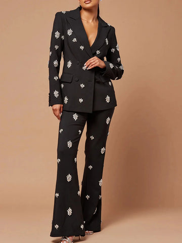 Patchwork Diamonds Two Piece Set for Women Notched Collar Long Sleeve Blazer High Waist Flare Pant Chic Sets Female