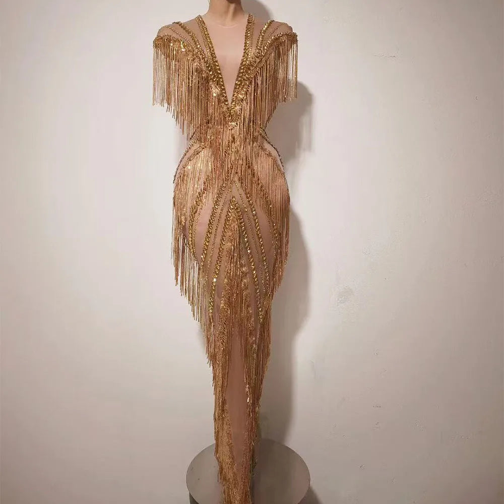 Luxury Sparkly Diamonds Tassels Sexy Mesh Sheer Long Dress Women Evening Birthday Party Nightclub Festival Photoshoot Stage Wear