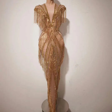 Luxury Sparkly Diamonds Tassels Sexy Mesh Sheer Long Dress Women Evening Birthday Party Nightclub Festival Photoshoot Stage Wear