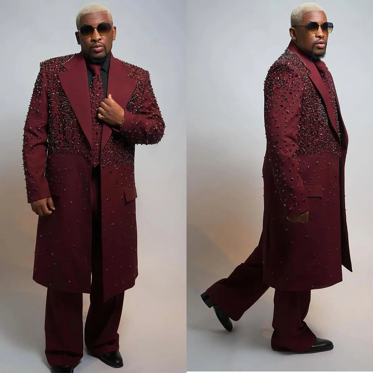 Luxury Men's Suit Peaked Lapel Tailor-Made 2 Pieces Set Jacket Crystal Beading Long Blazer One Button Customized Coat Pants