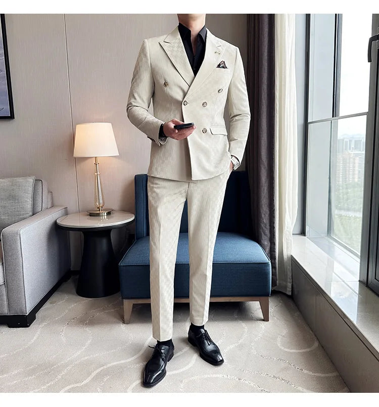 Elegant Double-Breasted Navy Checker Suit for Men – Custom Tailored Business & Wedding Attire, Stylish Formalwear Set