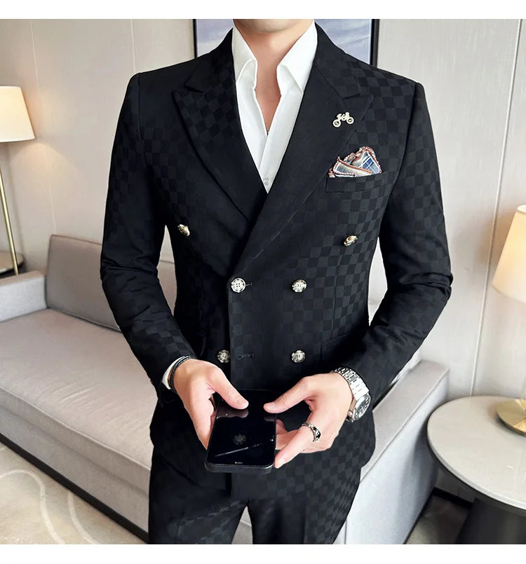 Elegant Double-Breasted Navy Checker Suit for Men – Custom Tailored Business & Wedding Attire, Stylish Formalwear Set