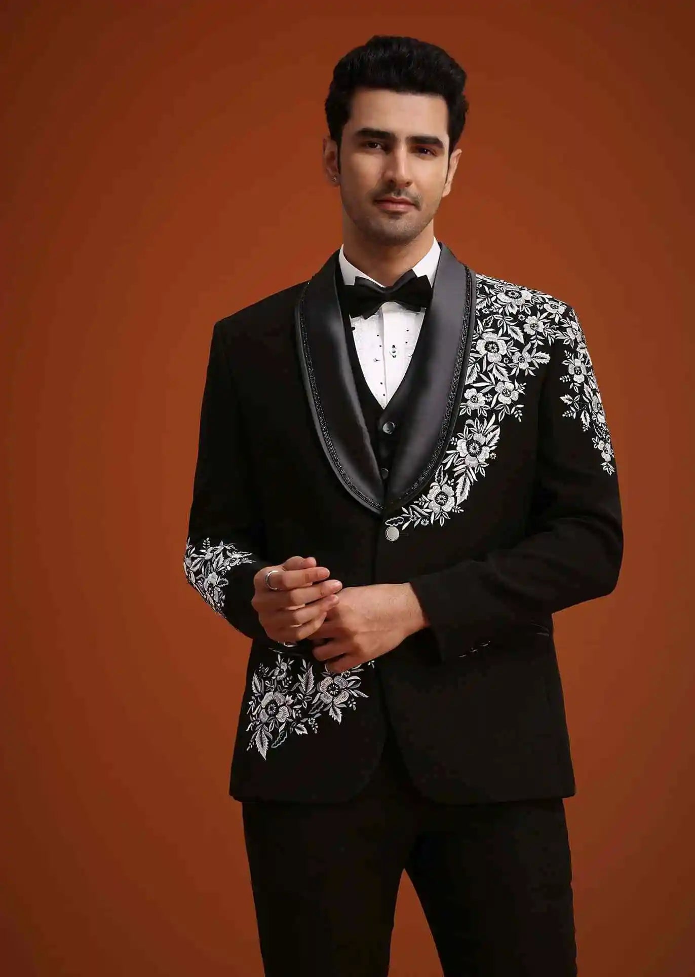 Elegant Men's Suits 2 Piece Blazer One Button Wide Satin Lapel  Appliques Wedding Formal Custom Made Plus Size Ropa Hombre